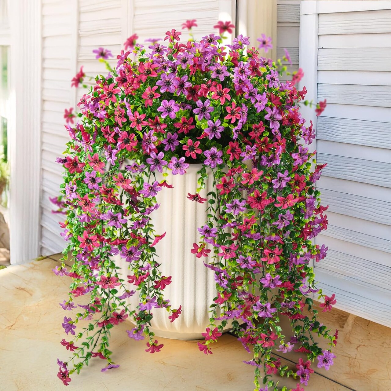 2-Pack Artificial Hanging Flowers for Outdoors – UV-Resistant, Realistic Faux Plants for Front Door, Porch, Planters, Patio, and Garden (Red & Purple)